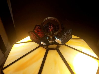 Grande Lampe Vitrail - Bronze Massif - XXème 