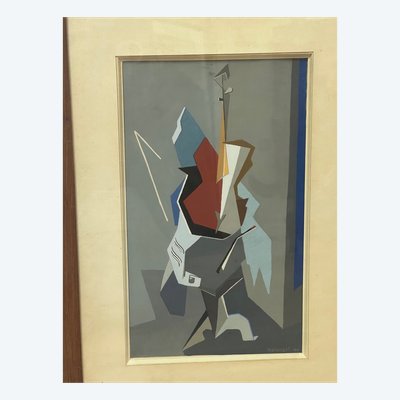 Dipinto a guazzo cubista del 1946 di Charles MERANGEL 1908-993 Scuola di Parigi