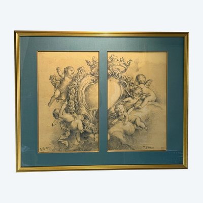 DESSIN ANCIEN DU XIXe SOUS VERRE " GROUPE D'ANGELOTS " SIGNÉ M. GAUDIER