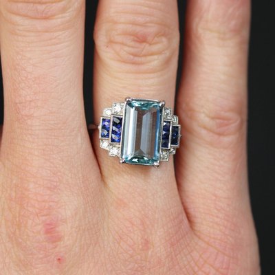 Bague Aigue-marine Saphirs Et Diamants Style Art Déco