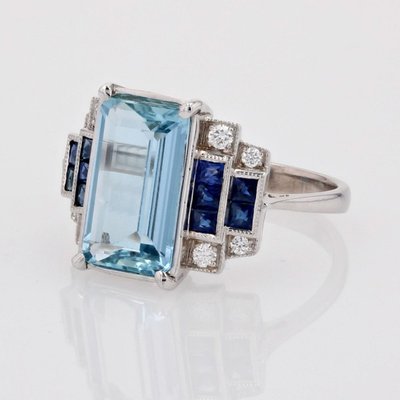 Bague Aigue-marine Saphirs Et Diamants Style Art Déco