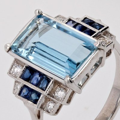 Bague Aigue-marine Saphirs Et Diamants Style Art Déco
