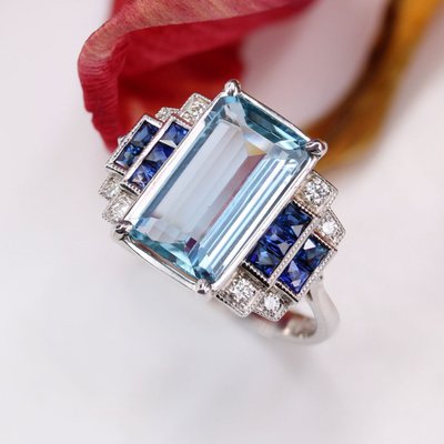 Bague Aigue-marine Saphirs Et Diamants Style Art Déco