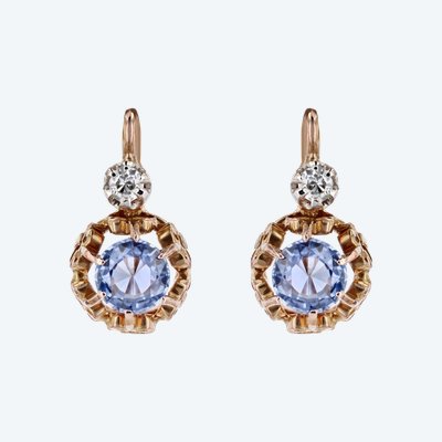 Boucles d'Oreilles Anciennes Saphirs Diamants Dormeuses