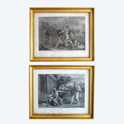 Pair of antique engravings from the Empire Restoration period, gilded wood frames with gold leaf