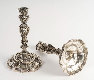 Pair of Louis XV Style Candlesticks in Silver-Plated Bronze