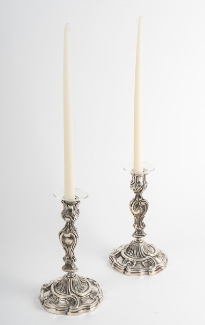 Pair of Louis XV Style Candlesticks in Silver-Plated Bronze