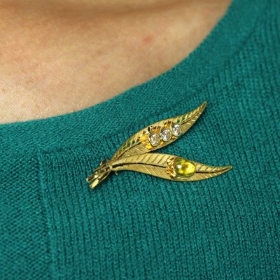 Broche Ancienne A-F PARIS - Feuilles Entrelacées Et Perles, Métal Argenté, Très Bon état