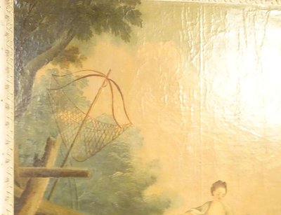 Trumeauspiegel Louis XVI, lackiertes Holz, HST, galante Fischerszene, 18. Jahrhundert