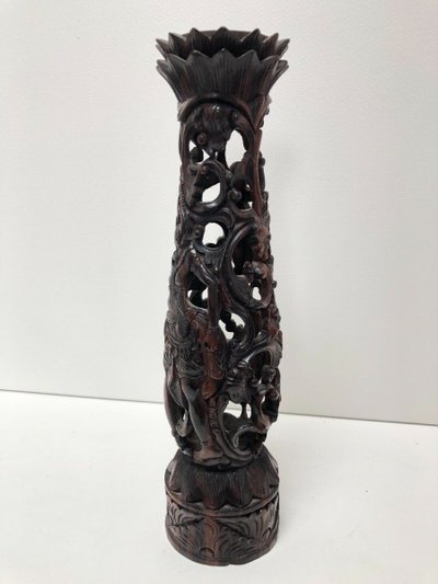 Ironwood candlestick, 19th century, China/Indochina, decorated with figures