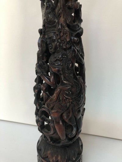 Ironwood candlestick, 19th century, China/Indochina, decorated with figures