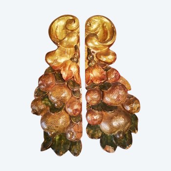 Pair of woodwork elements - Gilded wood and fruit - 18th century