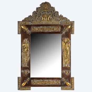 Miroir Bois Et Laiton Repoussé - Style Louis XIV - époque : Seconde Moitié XIXème Siècle