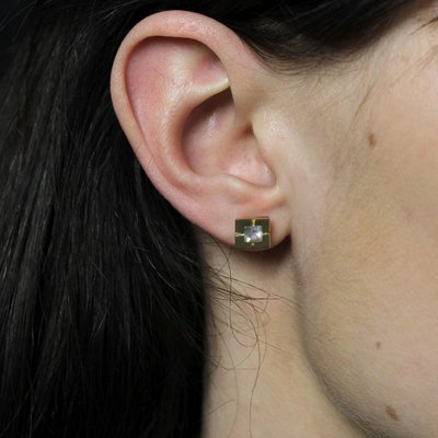 Boucles d'Oreilles Puces Or Jaune Aigue-marine Carrée