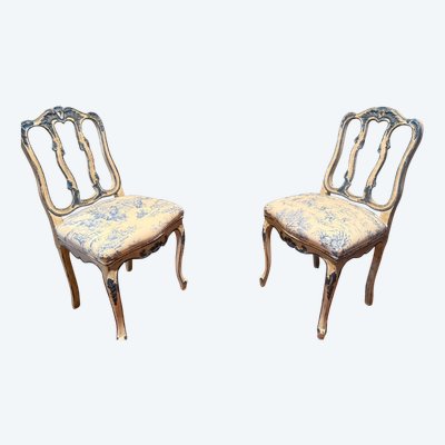 Paar Louis XV-Stühle aus dem 19. Jahrhundert, polychrom mit wunderschönem Toile de Jouy