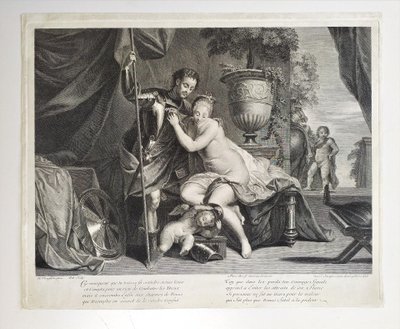 Incisione mitologica di Venere e Vittore da Nicolas Vleugels XVIII secolo