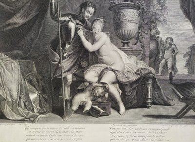 Incisione mitologica di Venere e Vittore da Nicolas Vleugels XVIII secolo