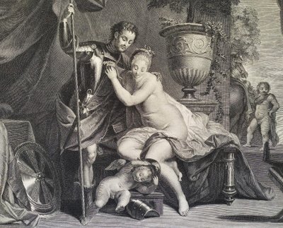 Incisione mitologica di Venere e Vittore da Nicolas Vleugels XVIII secolo