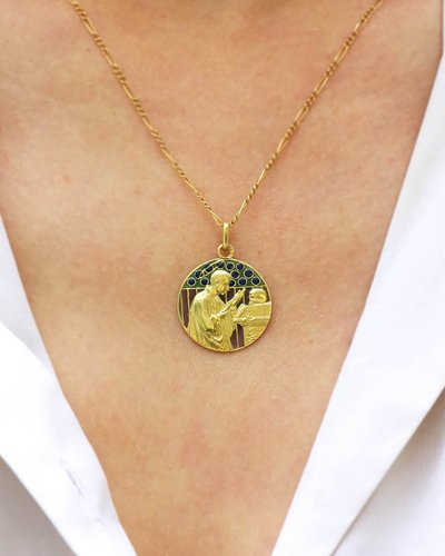 Anhänger „Saint Louis de Gonzague“ aus 18 Karat Gold, religiöse Medaille, Plique-à-jour-Emaille