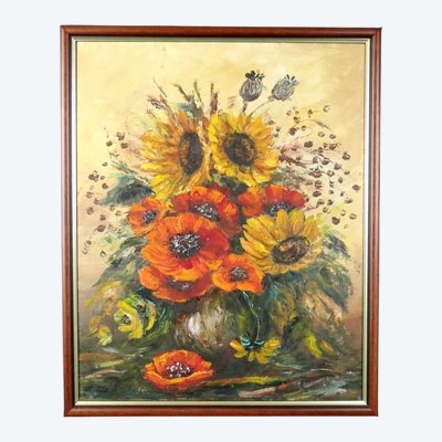 Natura morta 'Girasoli e papaveri' Olio su tela 54x44,5 firmato Ewa Krawiec