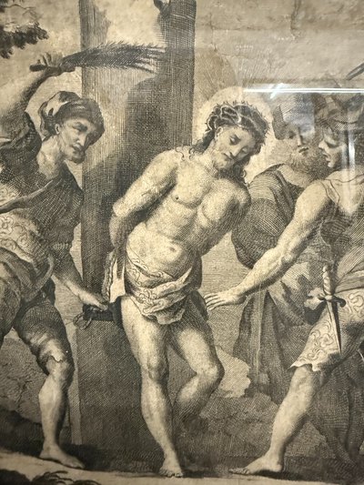 Antica incisione acquaforte flagellazione di Cristo XVI sec, 89x65cm