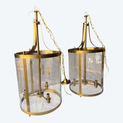 Grande coppia di lanterne cilindriche in ottone in stile Luigi XVI