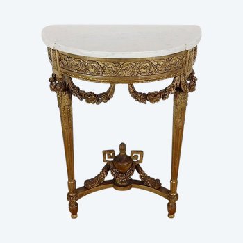  Console d’appui Demi-lune en Marbre et Bois doré, Louis XVI – Milieu XIXe 