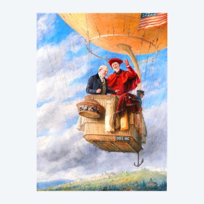 Paul Schaan 1857-1924 Hot-air balloon with American flag, painting, 1910 landscape