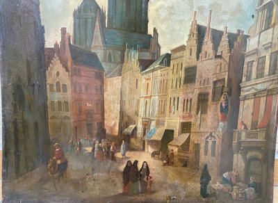 " Lebhafte Szene. Markt in der Nähe der Kathedrale von Antwerpen". Großes Öl auf Metall. Anfang 19. Jahrhundert.
