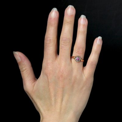 Bague ancienne saphir rose et diamants taillés en rose