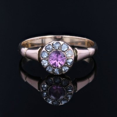 Bague ancienne saphir rose et diamants taillés en rose