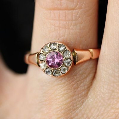 Bague ancienne saphir rose et diamants taillés en rose