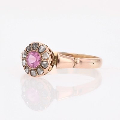 Bague ancienne saphir rose et diamants taillés en rose