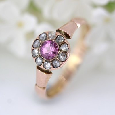 Bague ancienne saphir rose et diamants taillés en rose