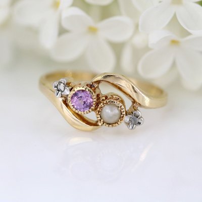 Bague toi et moi perle fine saphir rose et diamants