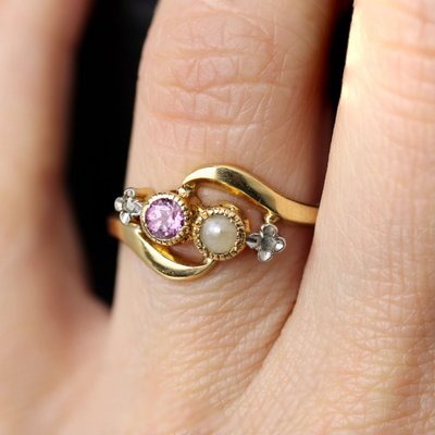 Bague toi et moi perle fine saphir rose et diamants