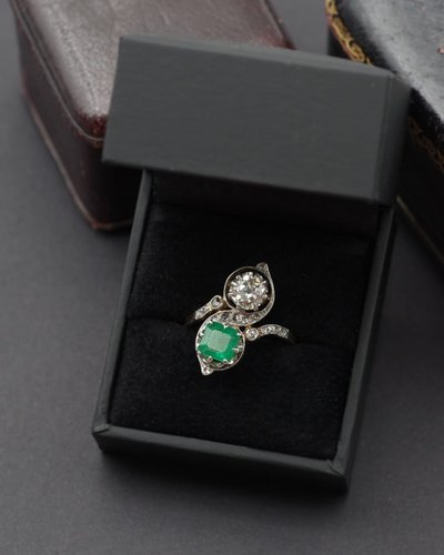 Bague Ancienne Toi Moi En Or 18k, émeraude Et Diamants, Taille 57 – époque Belle Époque