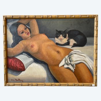 « Nu au chat », huile sur toile de G. J. Matthey, France, Art Déco, circa 1935