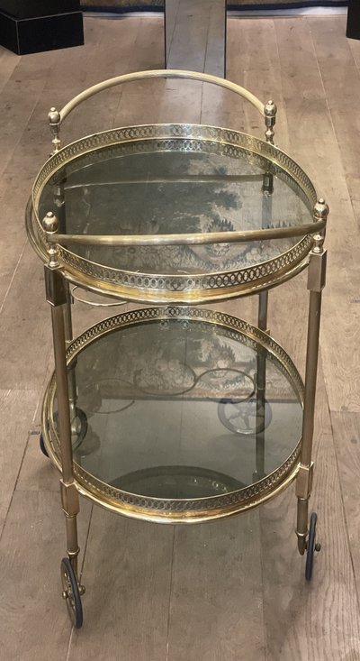 Rolltisch, Bar aus Messing und Rauchglas -Frankreich Jahr 1950-1960