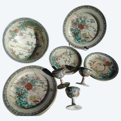 Satsuma dinner service set: plates, egg cups, flowers, birds and dragonflies, 19th century