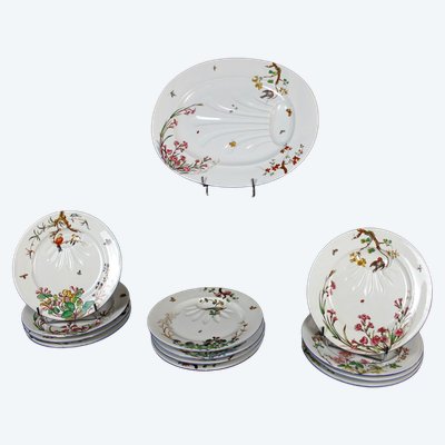 Feines Fleischservice aus Steingut aus Bordeaux, Nella-Dekor mit japanisch inspirierten Vögeln und Blumen, 19. Jahrhundert