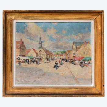 Henry Charles Séné (1889-1961) Huile sur toile "Scène de Marché"