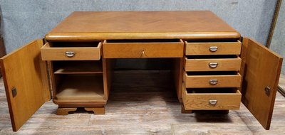 Doppelseitiger Schreibtisch aus der Art-Deco-Zeit mit Eichenintarsien, um 1940