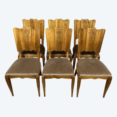 Set aus 6 Walnussholzstühlen aus der Art-Deco-Zeit mit fächerförmigen Rückenlehnen, um 1930