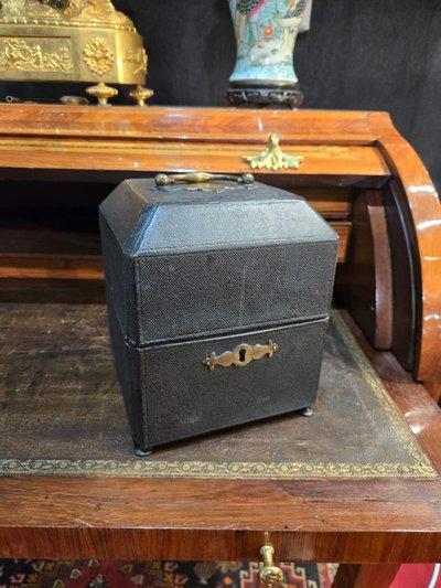 Black leather-covered portable medicine chest, circa 1760-1780.