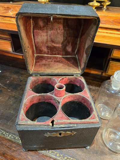 Black leather-covered portable medicine chest, circa 1760-1780.