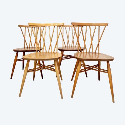 4 Vintage-Esszimmerstühle Ercol mit Kronleuchter-Rückenlehne