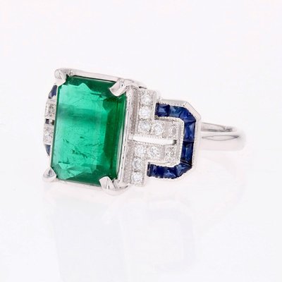 Bague émeraude diamants saphirs style art déco