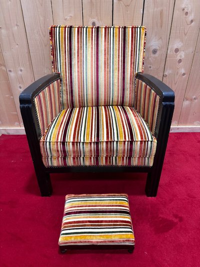 Art deco armchair in multicolored striped fabric