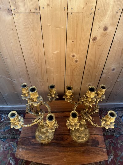 Pair of Louis XV style candelabra in gilded bronze signed Ferdinand Barbedienne